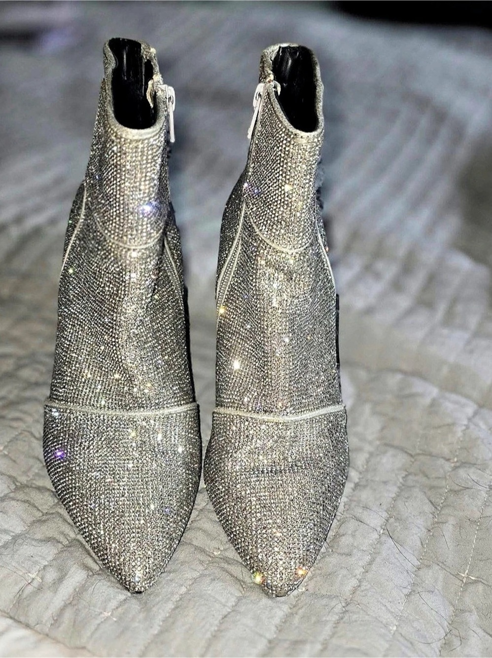 Rhinestone Pointed-Toe Ankle Boots in Silver Like New
